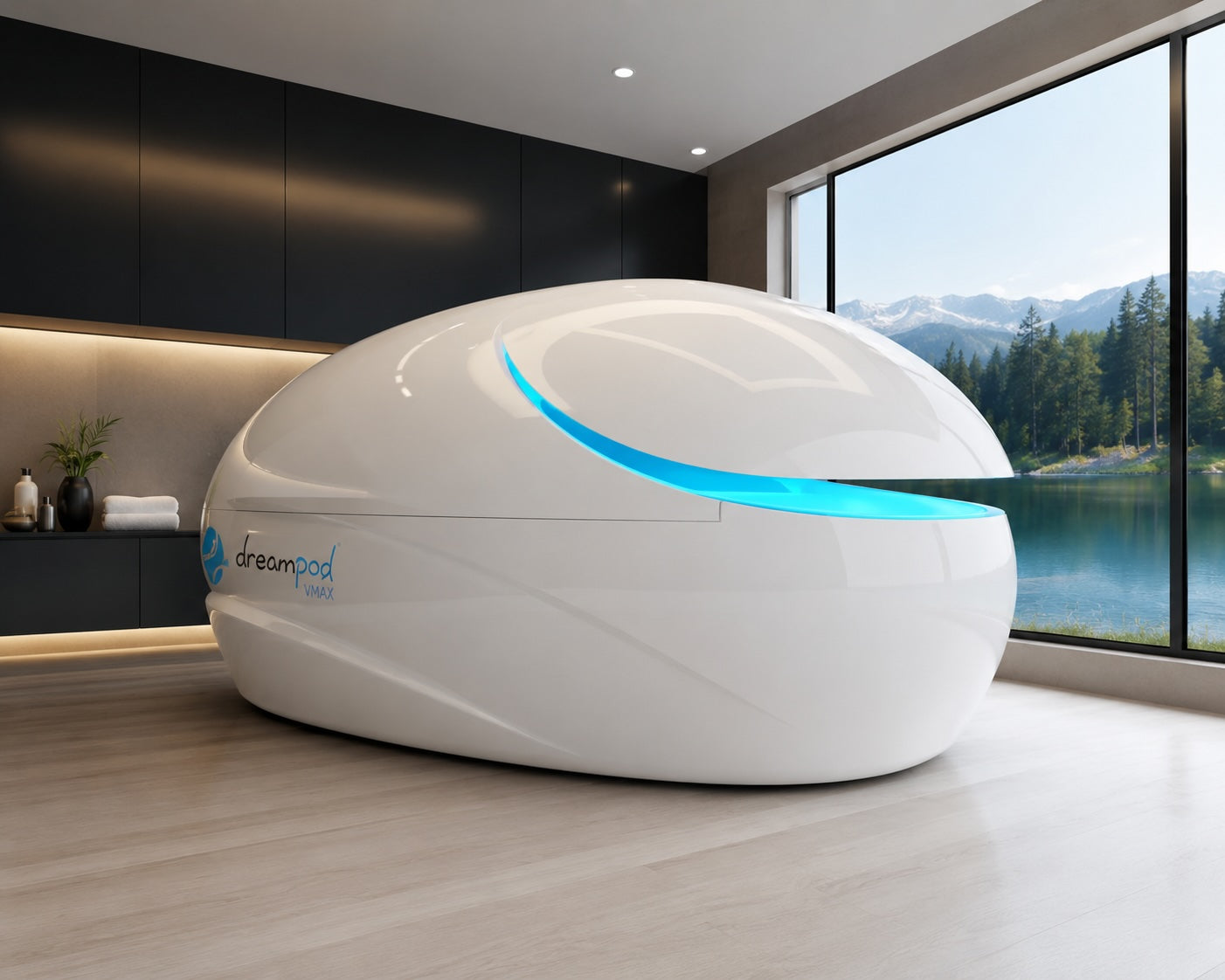 Dreampod VMAX sensory isolation float tank pod designed for home wellness, relaxation, recovery, and float therapy.