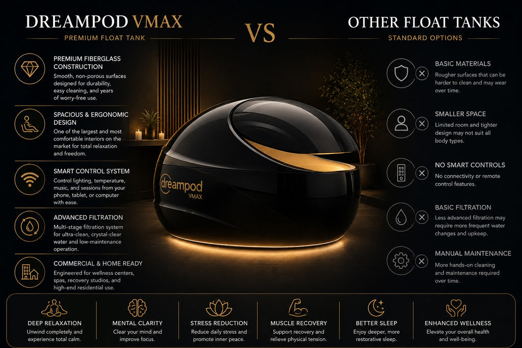 Comparison chart showing the advantages of the Dreampod VMAX flotation tank over standard float tanks, including larger interior space, premium fiberglass construction, remote connectivity, advanced reporting, and automated maintenance features.