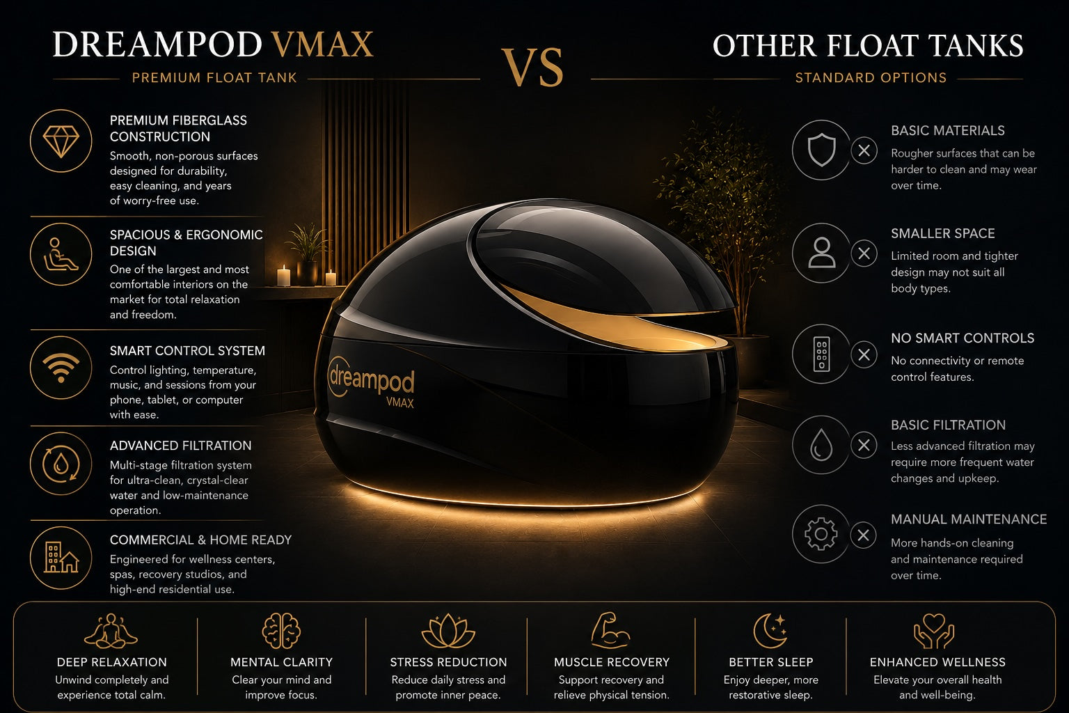 Comparison chart showing the advantages of the Dreampod VMAX flotation tank over standard float tanks, including larger interior space, premium fiberglass construction, remote connectivity, advanced reporting, and automated maintenance features.