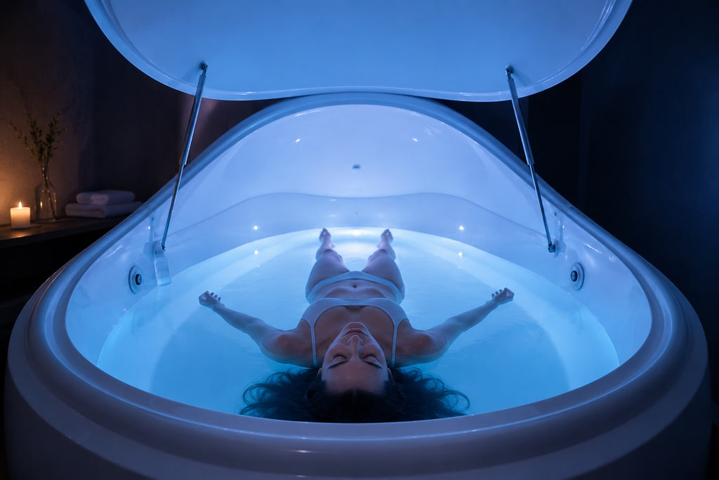 Woman floating peacefully inside a Dreampod VMAX sensory isolation tank with soft blue ambient lighting, demonstrating the relaxation and wellness benefits of float therapy.