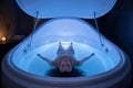 Woman floating peacefully inside a Dreampod VMAX sensory isolation tank with soft blue ambient lighting, demonstrating the relaxation and wellness benefits of float therapy.