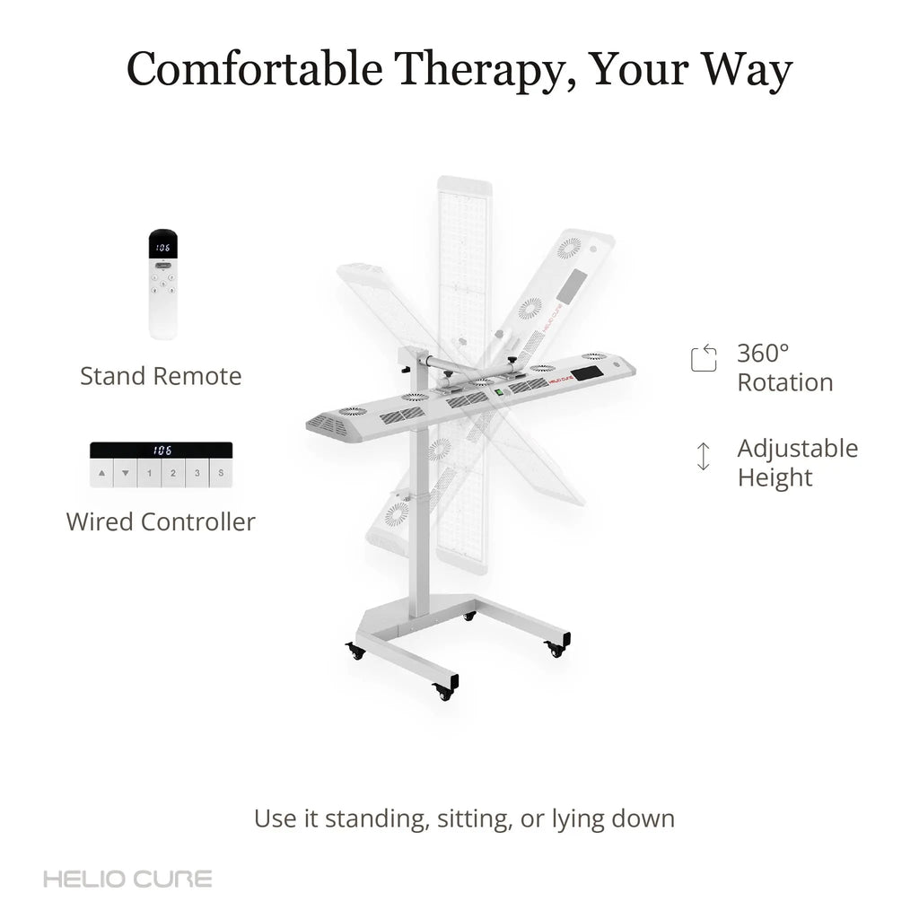 Helio Blaze red light therapy panel with 360-degree rotating electric stand, adjustable height, remote control, and multiple treatment positions.