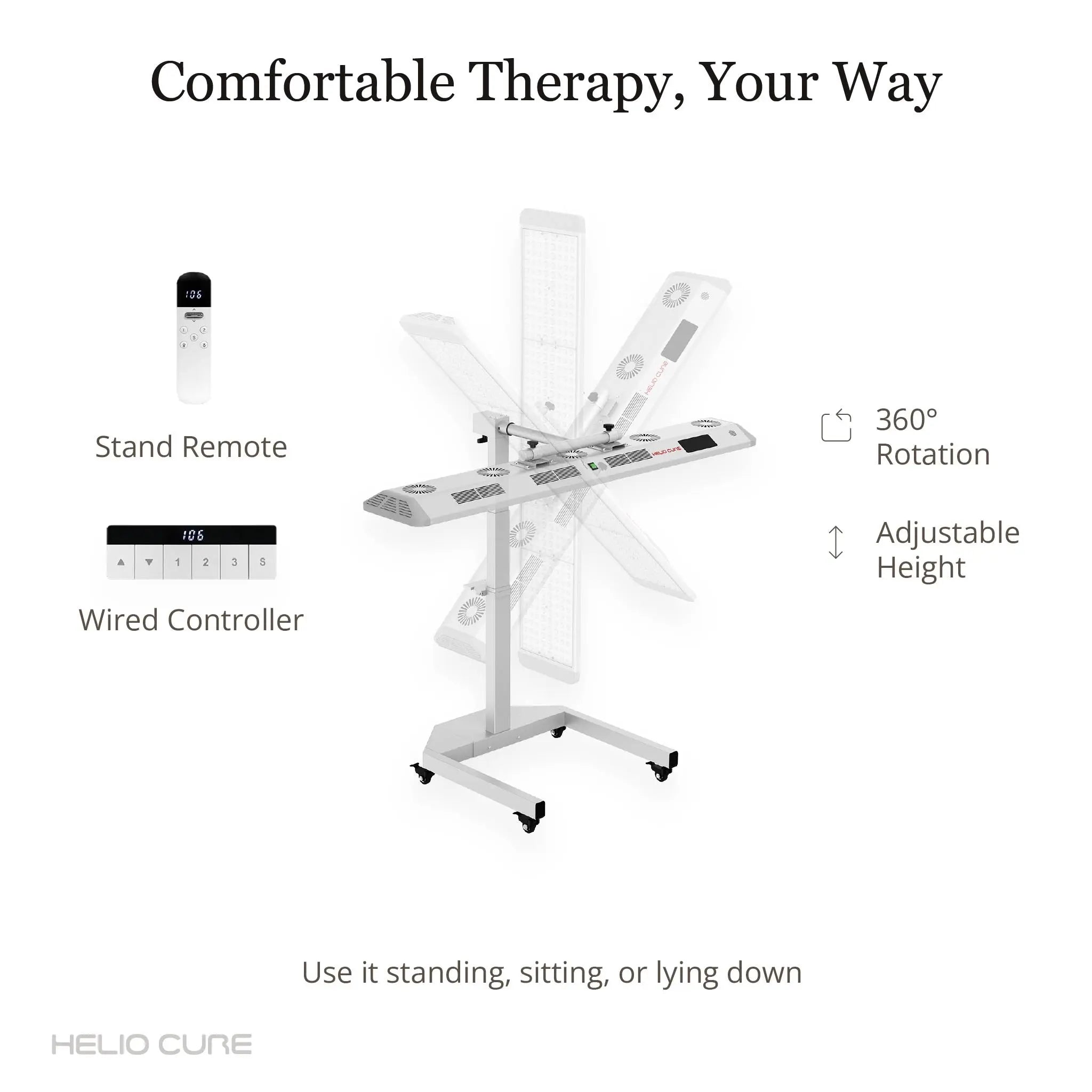 Helio Blaze red light therapy panel with 360-degree rotating electric stand, adjustable height, remote control, and multiple treatment positions.