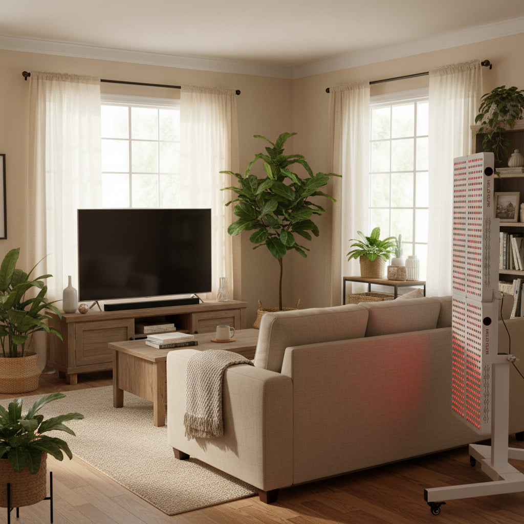 Helio Cure Helio Glow red light therapy panel on a floor stand in a modern living room for recovery, relaxation, skin health, and daily wellness.