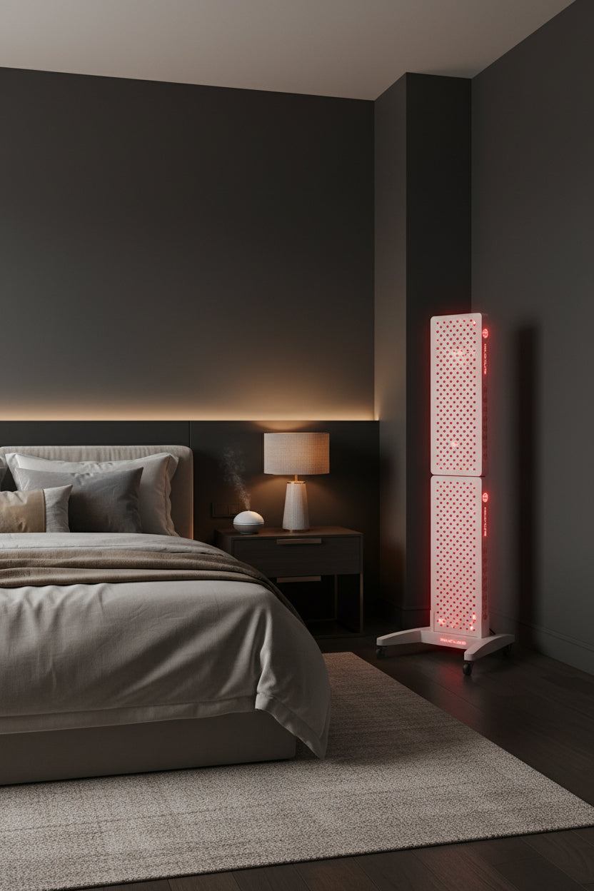 Helio Cure Helio Glow red light therapy panel on a floor stand in a luxury bedroom wellness space designed for recovery, relaxation, and daily wellness.