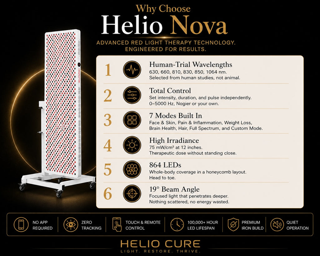 Helio Cure Helio Nova full-body red light therapy panel features infographic highlighting six wavelengths, 864 LEDs, customizable controls, high irradiance, head-to-toe coverage, and advanced wellness technology.