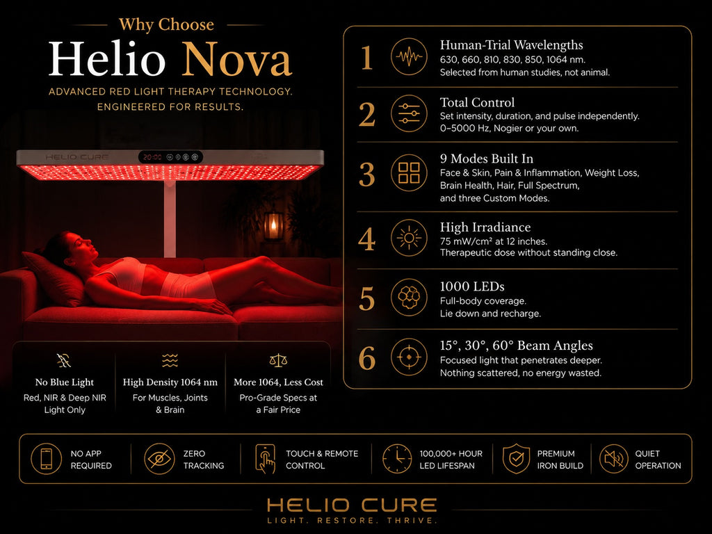Helio Cure Helio Nova full-body red light therapy system featuring overhead treatment, six wavelengths, 1000 LEDs, customizable controls, and advanced recovery and wellness technology.