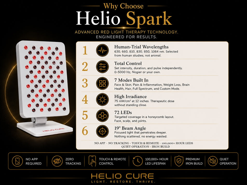 Helio Cure Helio Spark red light therapy panel features infographic highlighting six wavelengths, 72 LEDs, customizable controls, targeted coverage, and advanced wellness technology.