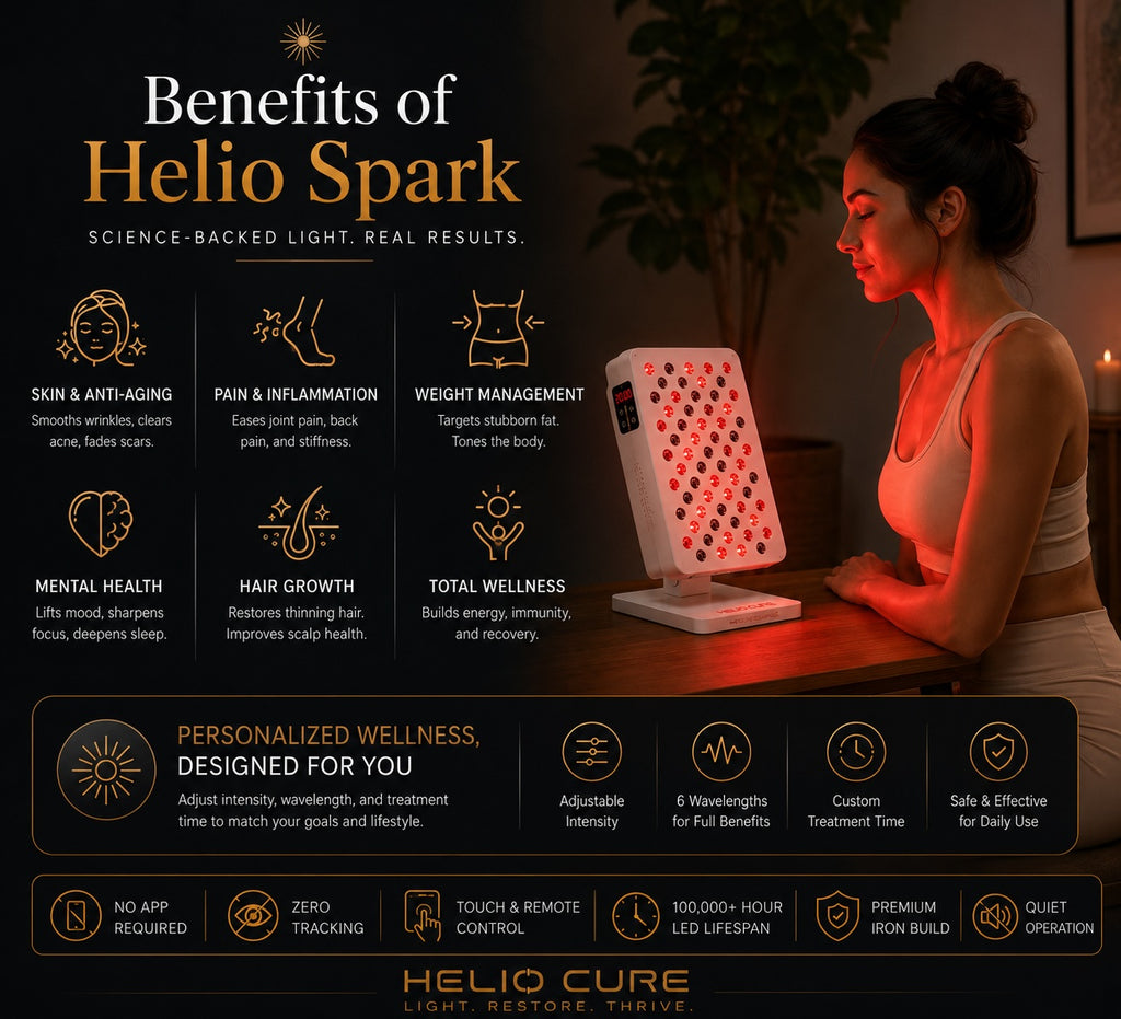 Woman using the Helio Cure Helio Spark red light therapy panel on a tabletop stand while highlighting benefits including skin health, recovery, pain relief, hair growth, mental wellness, and overall wellness.