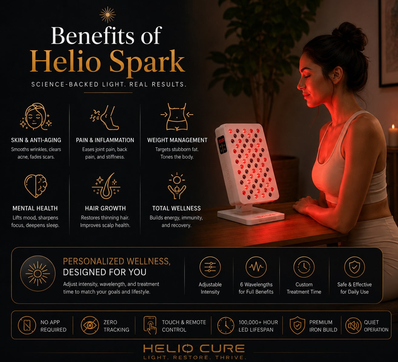Woman using the Helio Cure Helio Spark red light therapy panel on a tabletop stand while highlighting benefits including skin health, recovery, pain relief, hair growth, mental wellness, and overall wellness.