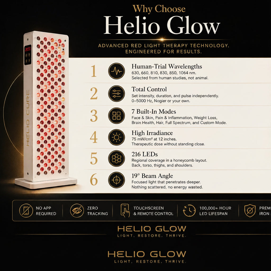 Helio Cure red light therapy panel featuring six clinically inspired wavelengths, adjustable controls, built-in treatment modes, high irradiance, focused beam angle, and premium construction.