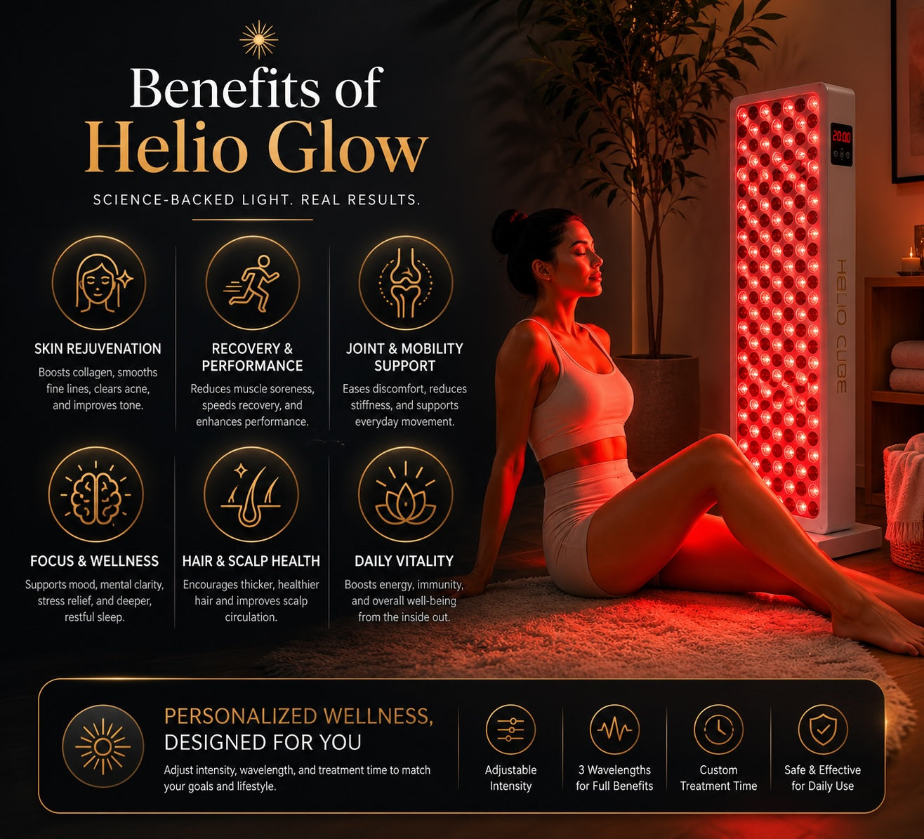 Woman using the Helio Cure red light therapy panel at home with infographic highlighting skin rejuvenation, recovery, joint support, wellness, hair health, and daily vitality benefits.