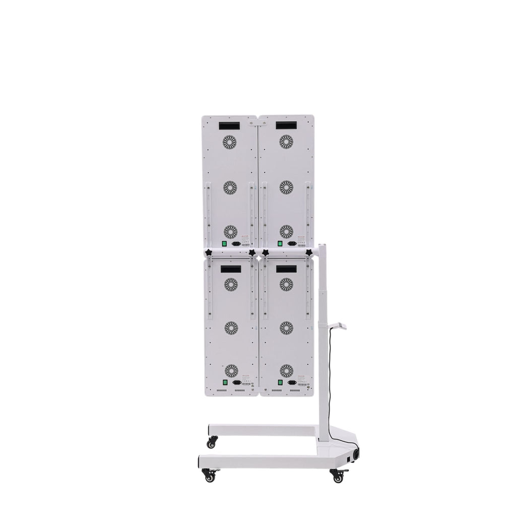 Rear view of the Helio Glow red light therapy panel mounted on a movable floor stand.