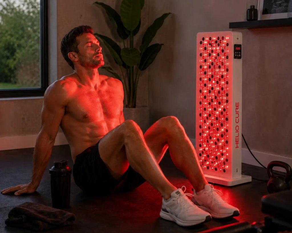 Athletic man using Helio Glow red light therapy panel after exercise for muscle recovery, pain relief, inflammation support, and athletic performance.