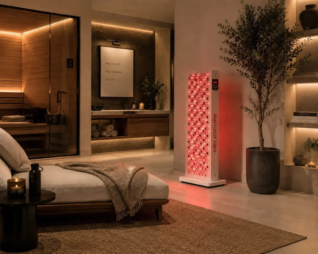 Helio Glow red light therapy panel in a luxury home wellness retreat with sauna, recovery area, and modern wellness design.