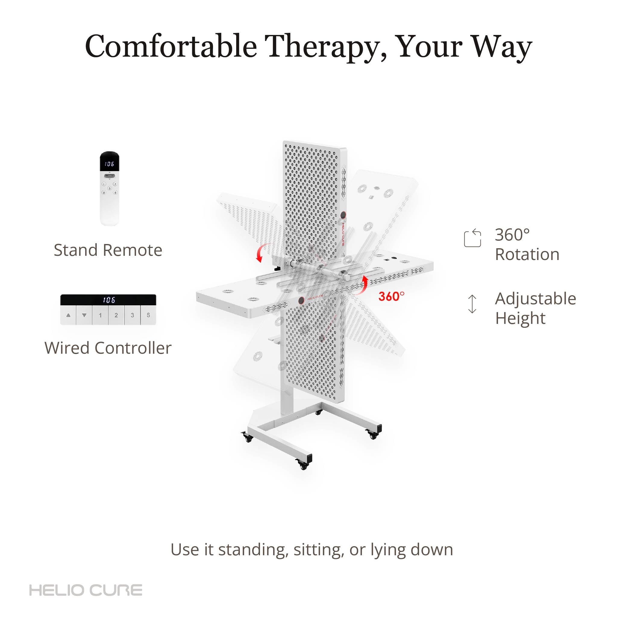 Helio Nova full-body red light therapy panel with 360-degree rotating stand, adjustable height controls, and multiple treatment positions.