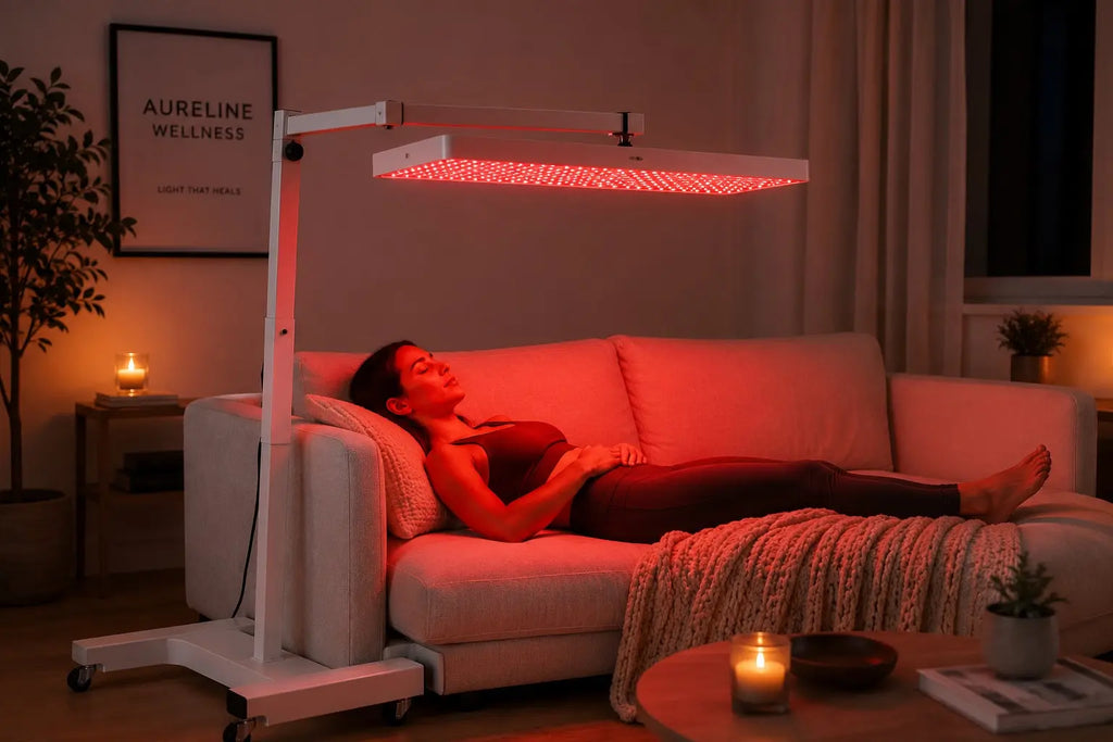 Woman relaxing on a couch beneath a horizontal Helio Nova red light therapy panel mounted on an adjustable stand in a home wellness space.