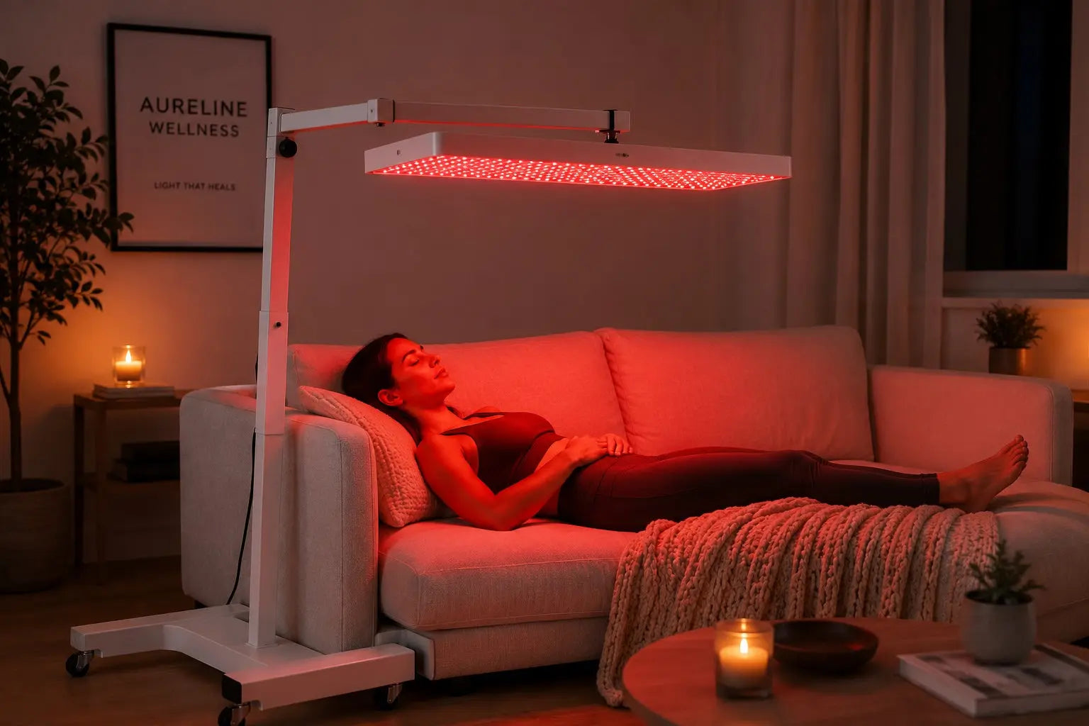 Woman relaxing on a couch beneath a horizontal Helio Nova red light therapy panel mounted on an adjustable stand in a home wellness space.