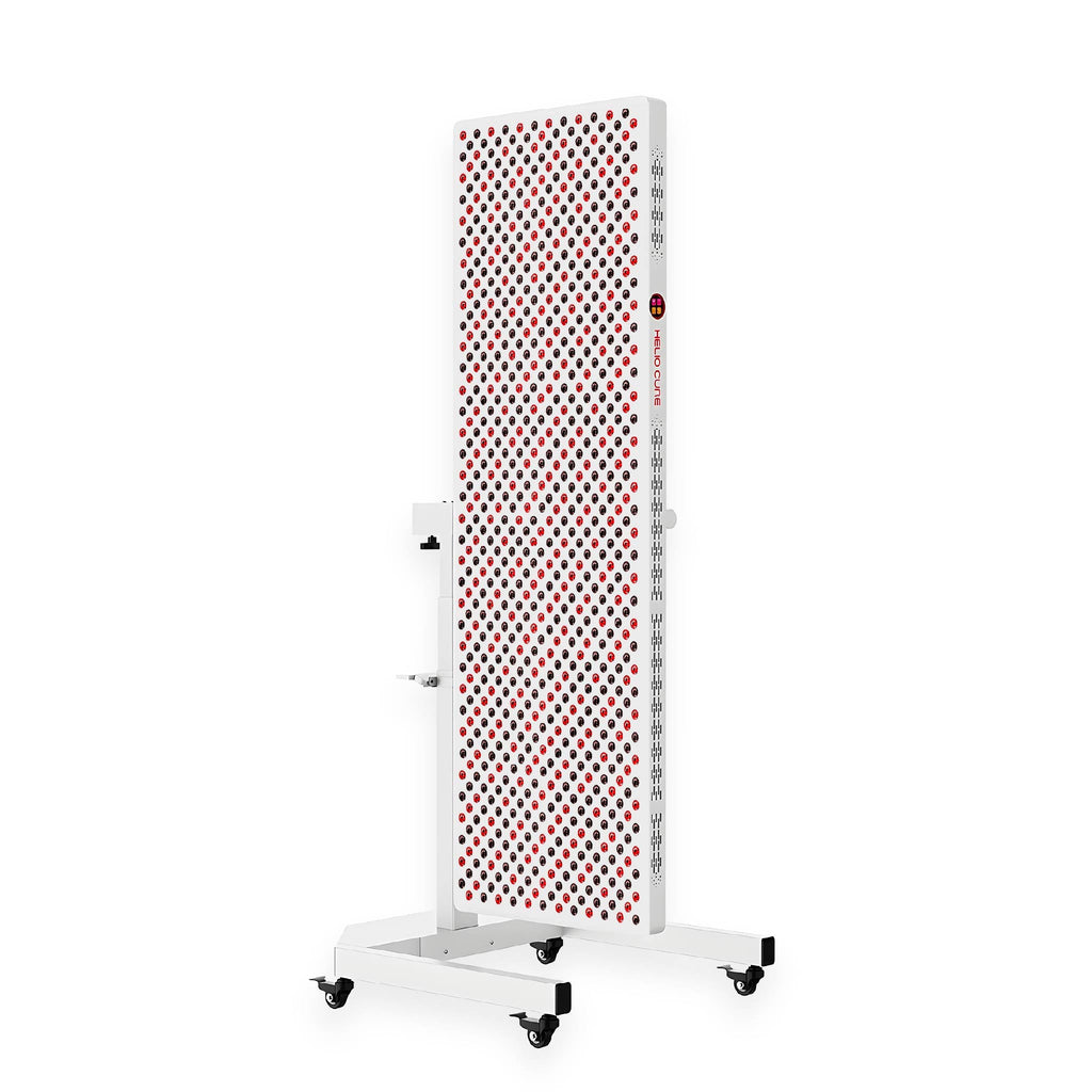 Helio Nova full-body red light therapy panel with rolling stand for head-to-toe wellness and recovery.