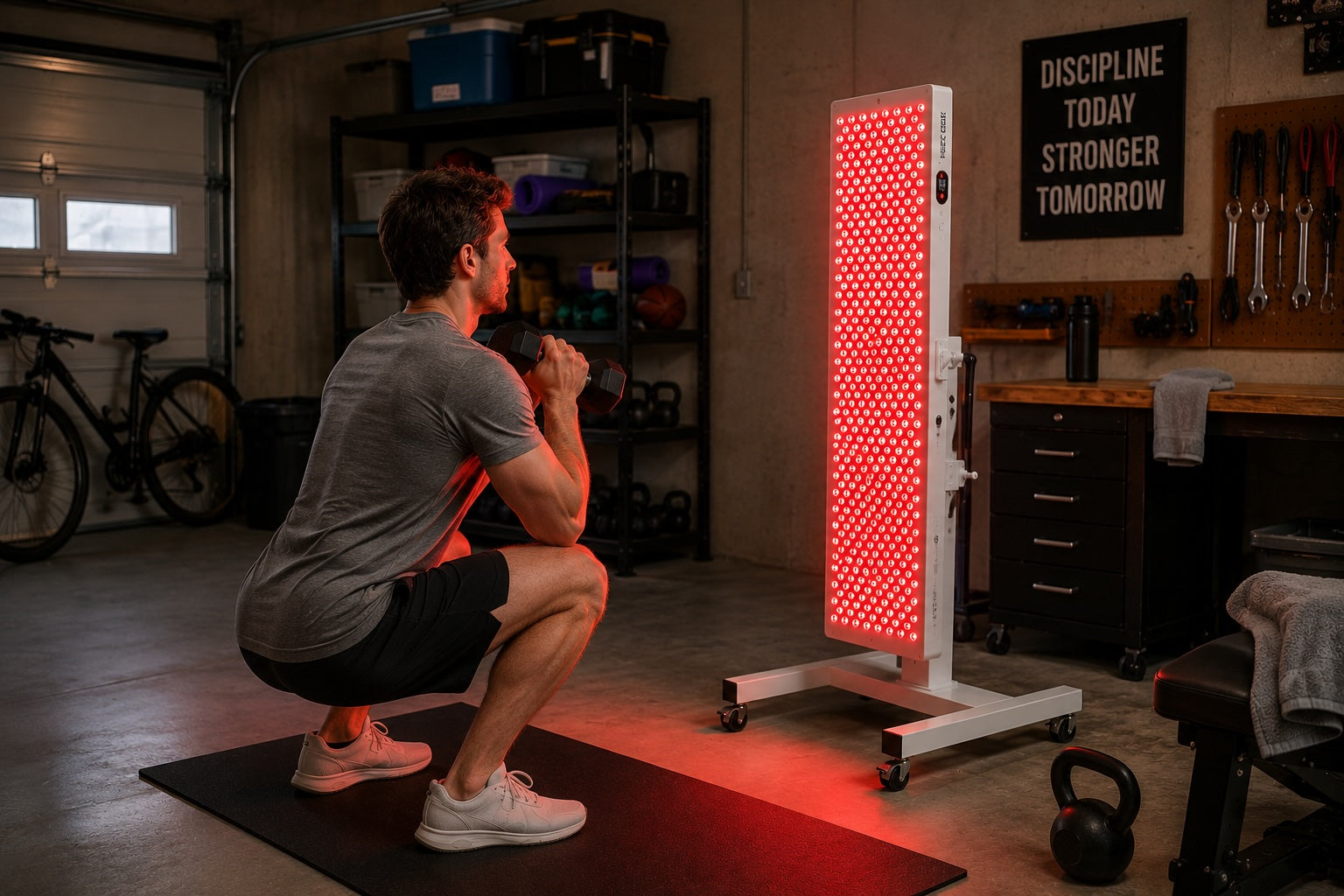 Man exercising in a home garage gym in front of a Helio Nova full-body red light therapy panel.