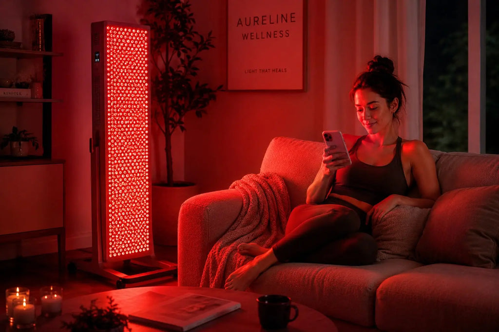Woman relaxing on a sofa while receiving red light therapy from a full-body panel in a home wellness room.