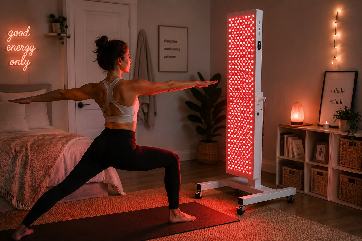 Woman practicing yoga in her bedroom in front of a Helio Nova full-body red light therapy panel.
