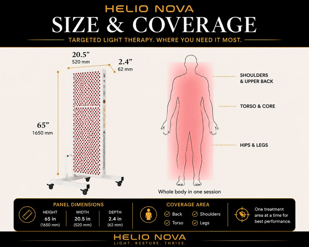Helio Nova full-body red light therapy panel size and coverage diagram showing panel dimensions and head-to-toe treatment coverage in a single session.
