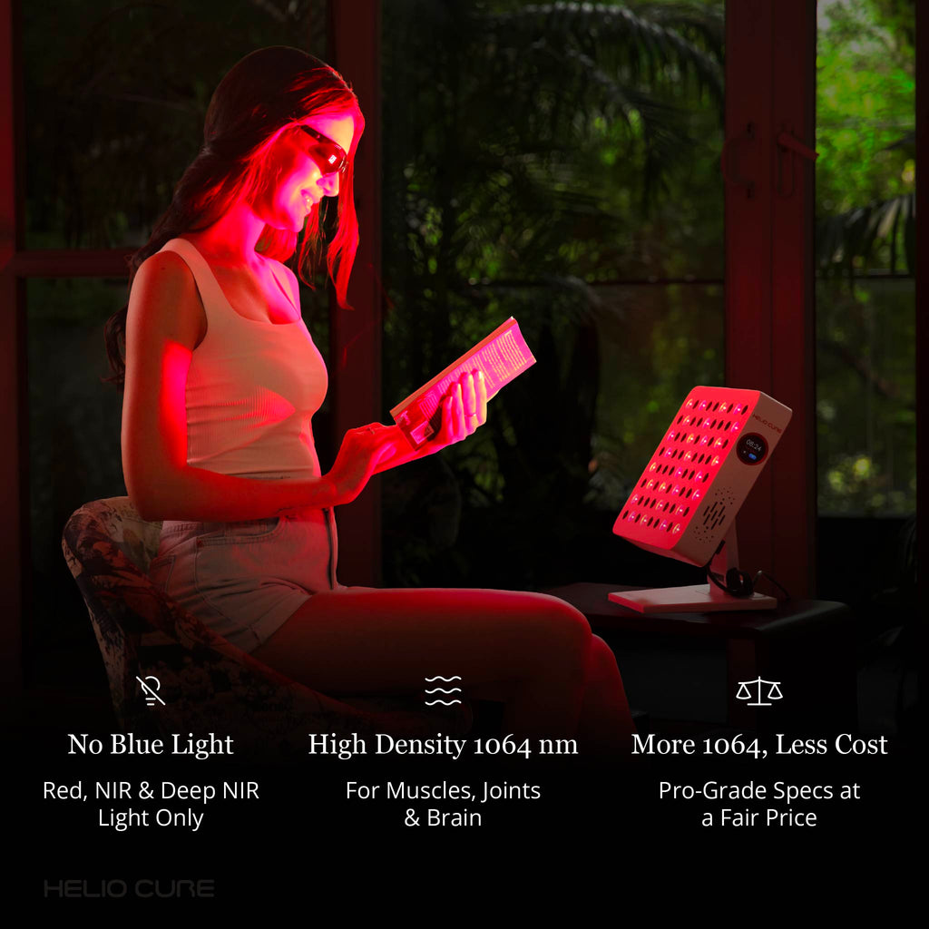 Person using the Helio Spark red light therapy panel for wellness, recovery, and daily light therapy