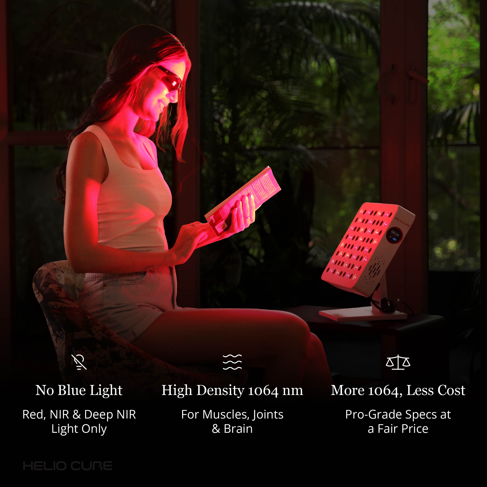 Person using the Helio Spark red light therapy panel for wellness, recovery, and daily light therapy