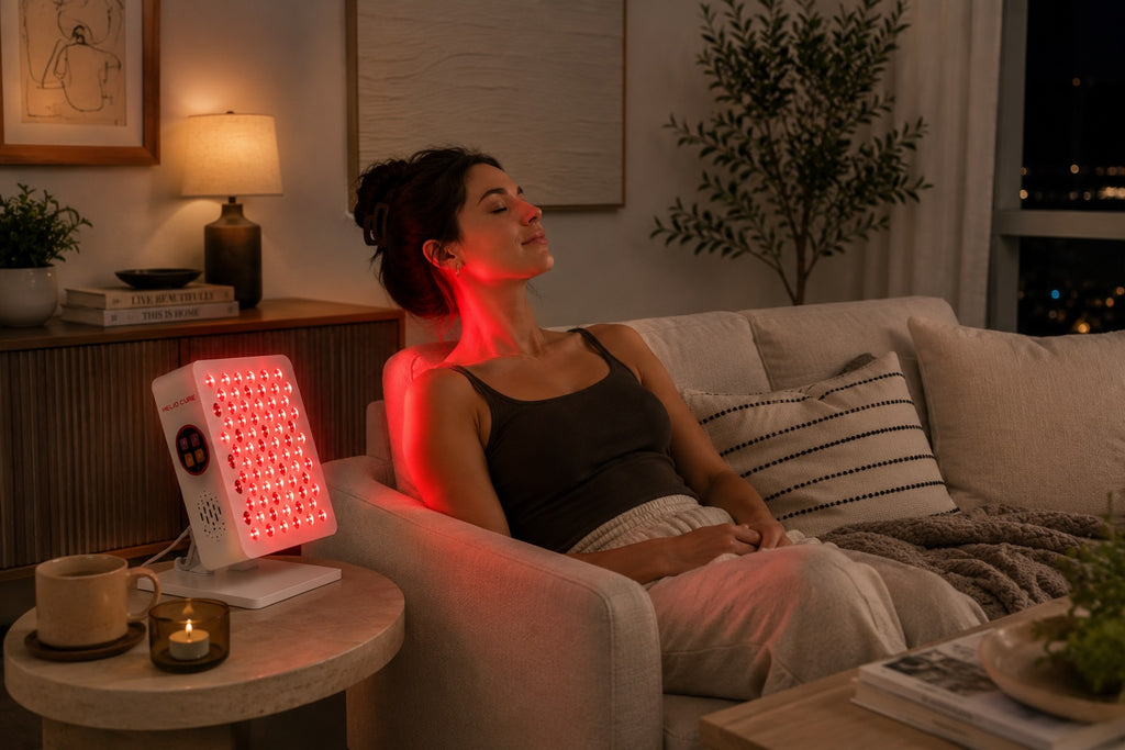 Woman relaxing on a sofa while using a Helio Spark red light therapy panel positioned on a side table to target the neck and shoulder area.