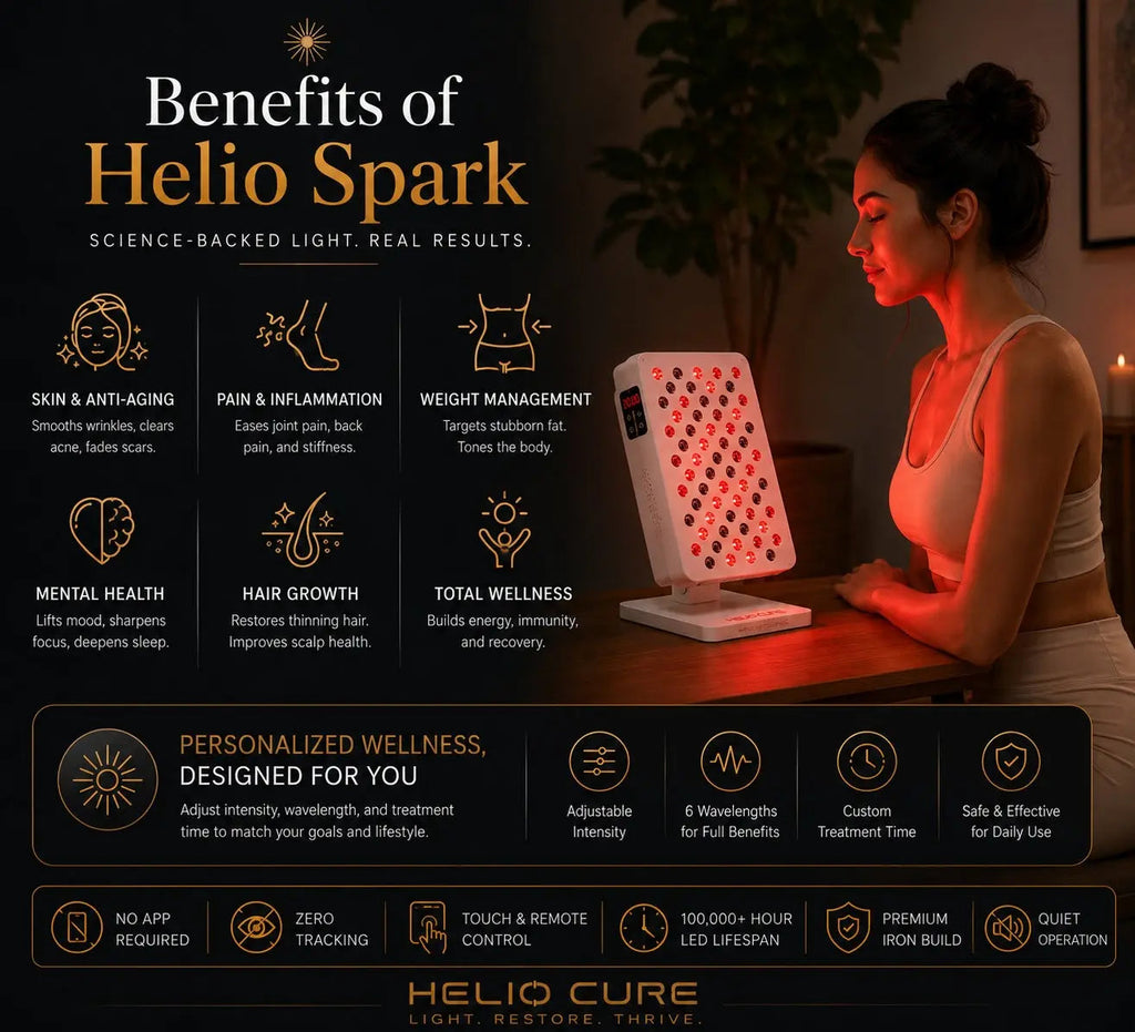 Woman using the Helio Cure Helio Spark red light therapy panel on a tabletop stand while highlighting benefits including skin health, recovery, pain relief, hair growth, mental wellness, and overall wellness.