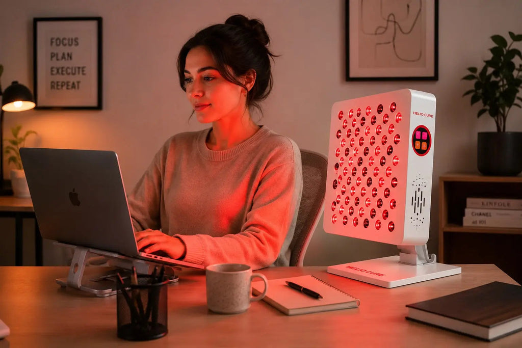 Woman working at a desk while using a Helio Spark red light therapy panel in a modern home office.