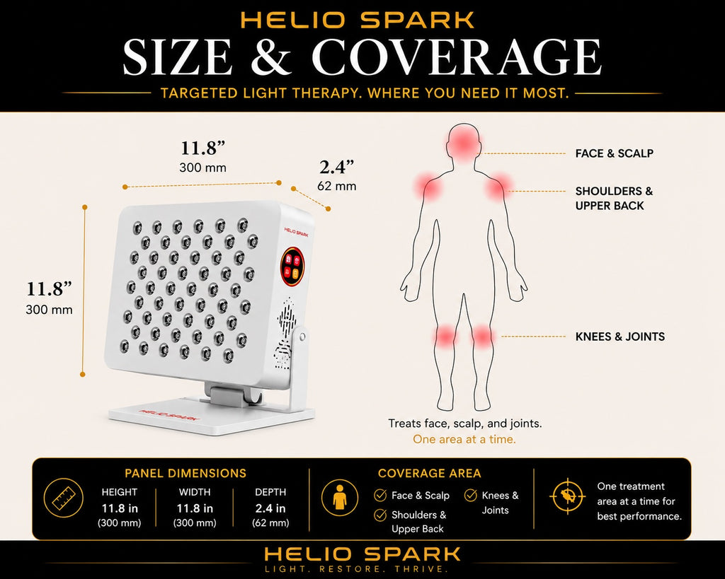 Helio Spark red light therapy panel size and coverage diagram showing panel dimensions and targeted treatment areas for the face, scalp, shoulders, upper back, knees, and joints.