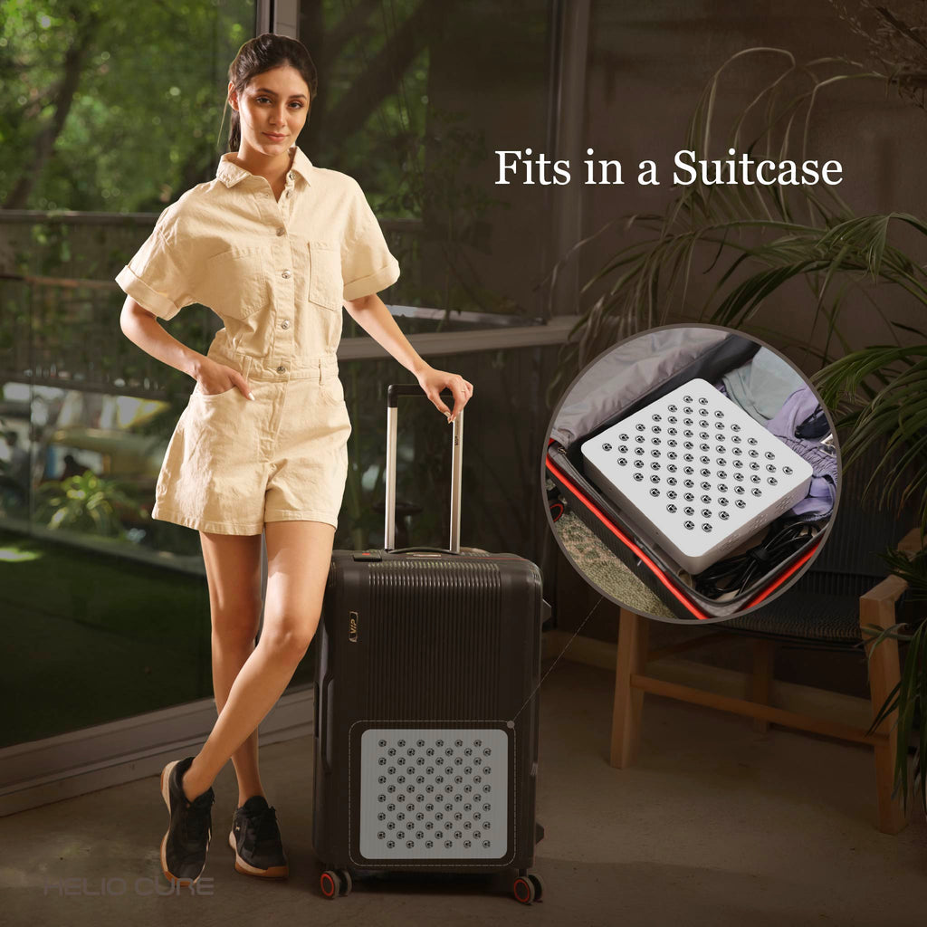 Helio Spark portable red light therapy panel packed for travel and wellness on the go