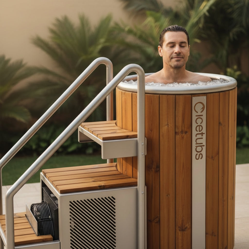 Man using the Icetubs IceBarrel thermowood cold plunge tub with optional stairs and handrails in an outdoor wellness setting.