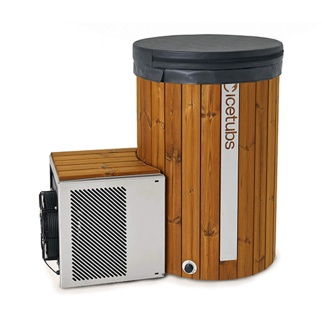 Icetubs IceBarrel XL thermowood cold plunge tub with integrated chiller side view with lid.