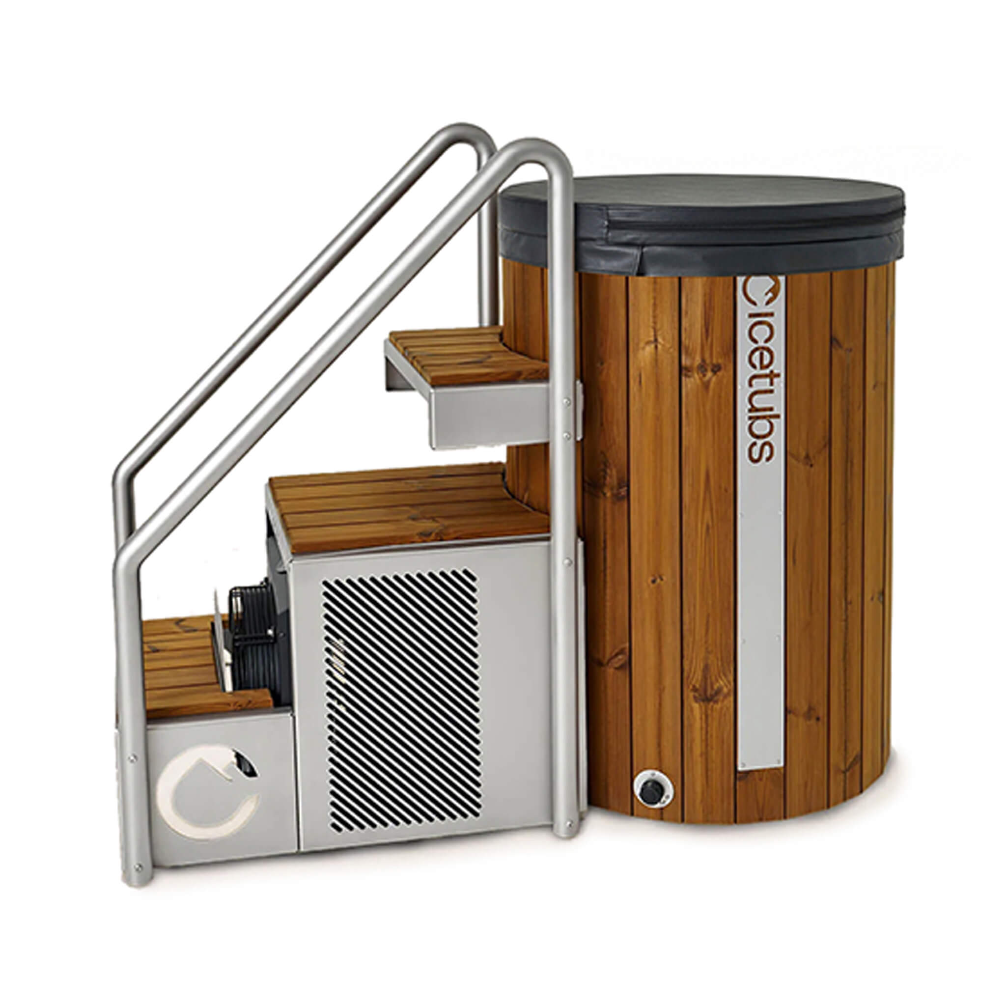 Icetubs IceBarrel XL thermowood cold plunge tub with integrated chiller side view and stairs.