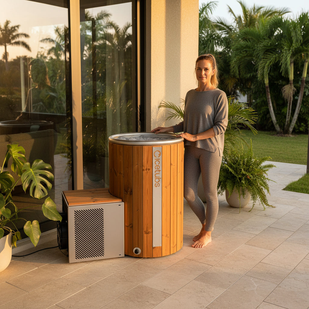 Icetubs IceBarrel thermowood cold plunge tub with chiller system installed on a luxury outdoor home patio.