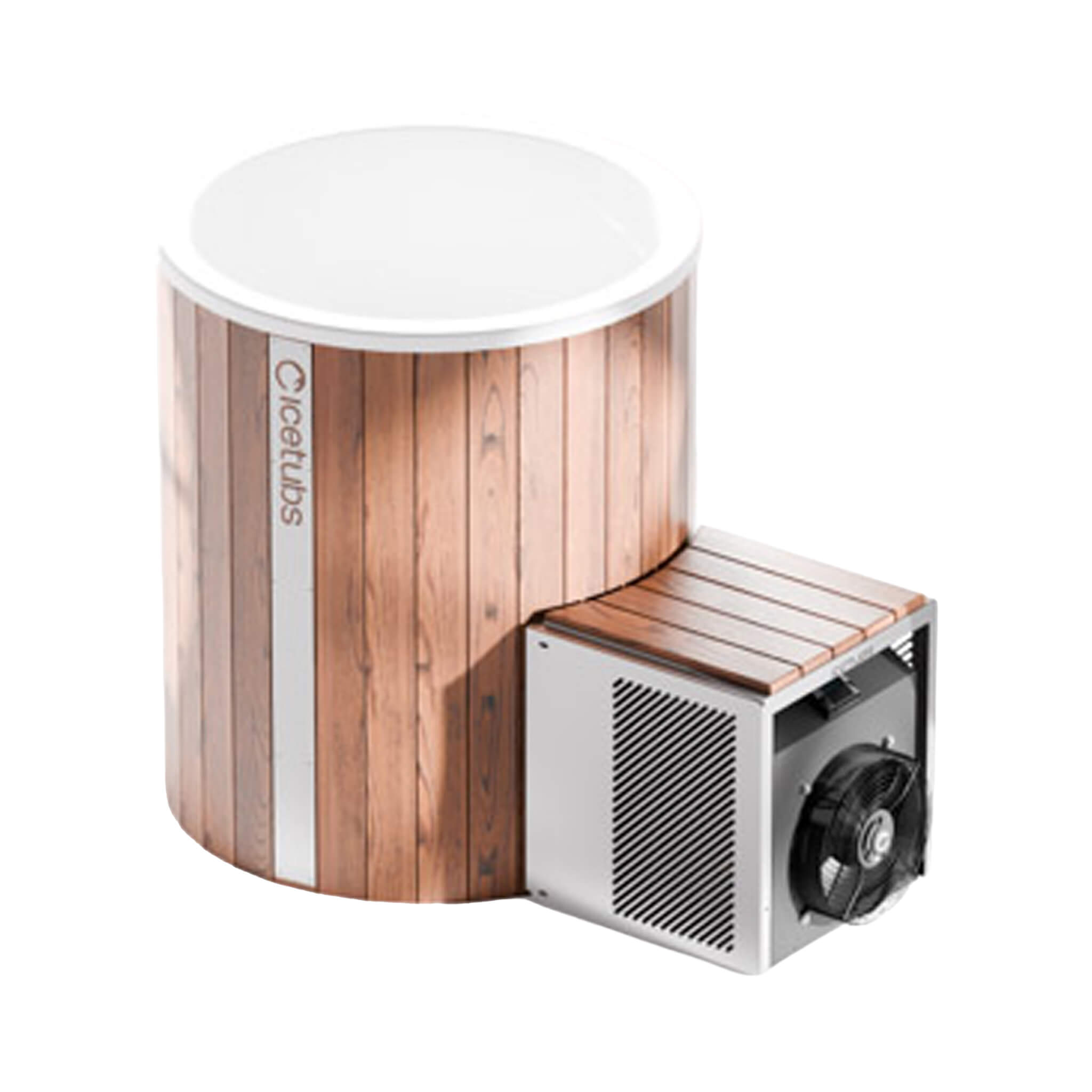 Front view of the Icetubs IceBarrel XL thermowood cold plunge tub with cooling system.