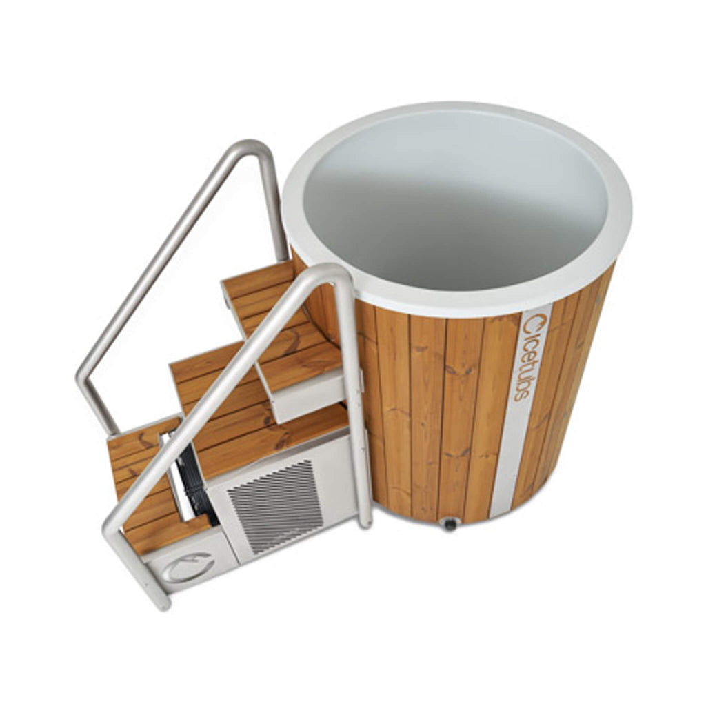 Icetubs IceBarrel XL cold plunge tub showing interior and stairs.
