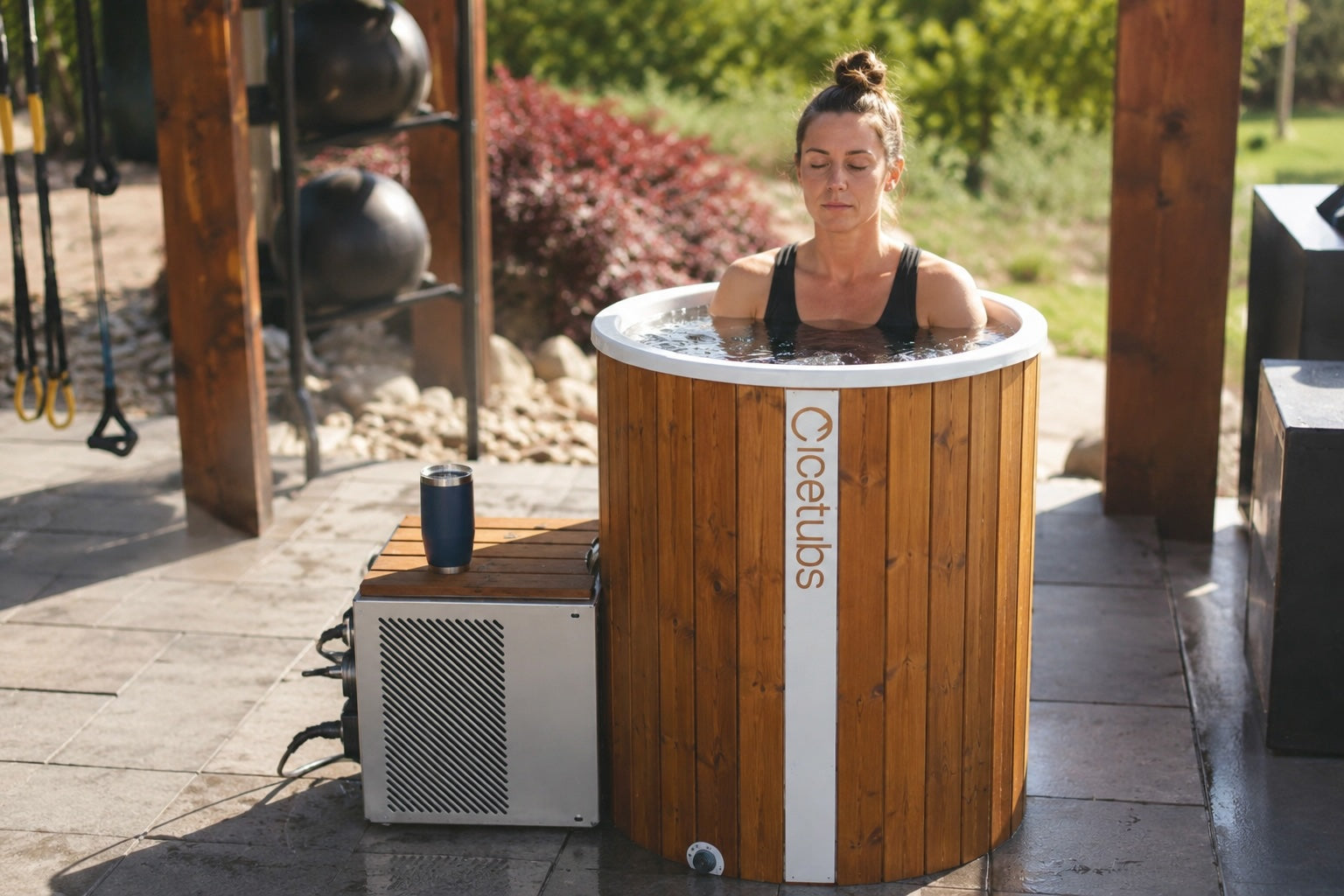 Woman using the Icetubs IceBarrel XL thermowood cold plunge tub during an outdoor recovery and wellness session.