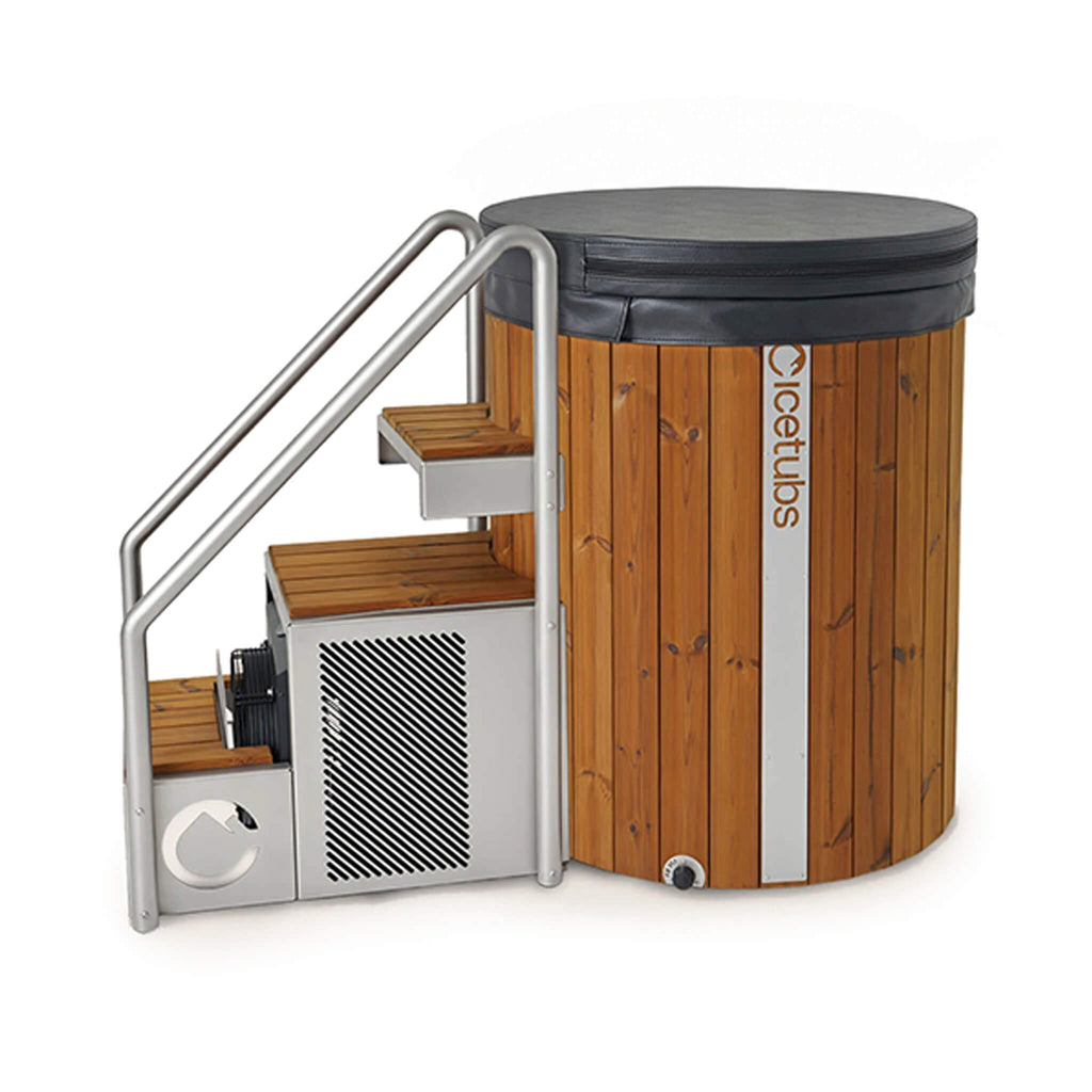 Icetubs IceBarrel XL thermowood cold plunge tub with integrated chiller side view with cover.