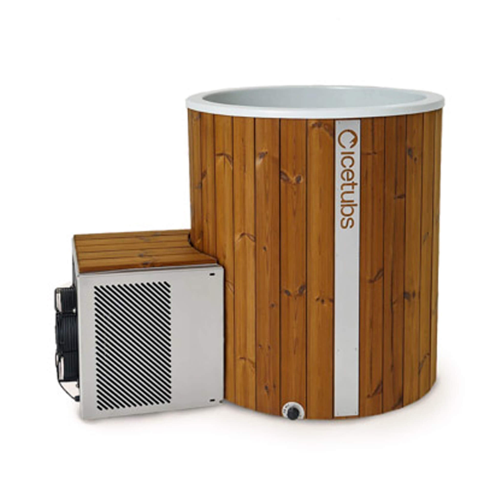 Icetubs IceBarrel XL thermowood cold plunge tub with integrated chiller side view.