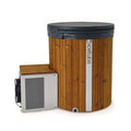 Front view of the Icetubs IceBarrel XL thermowood cold plunge tub with cooling system with cover.