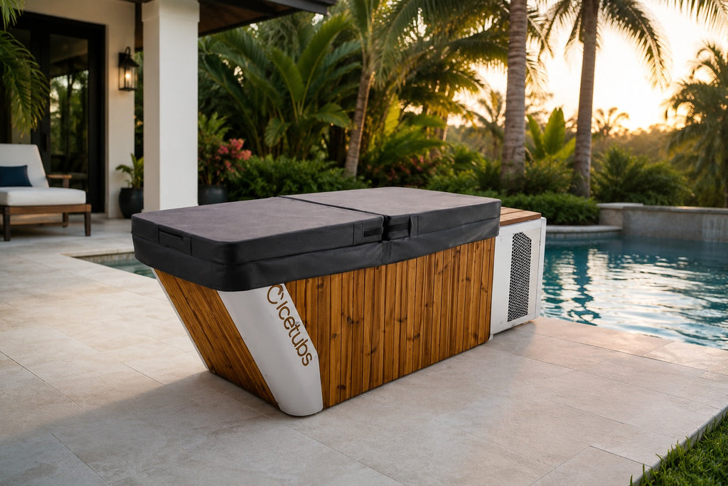 Icetubs IceBath Thermowood cold plunge beside a luxury backyard pool, featuring premium thermowood construction and an insulated cover for year-round cold water therapy.