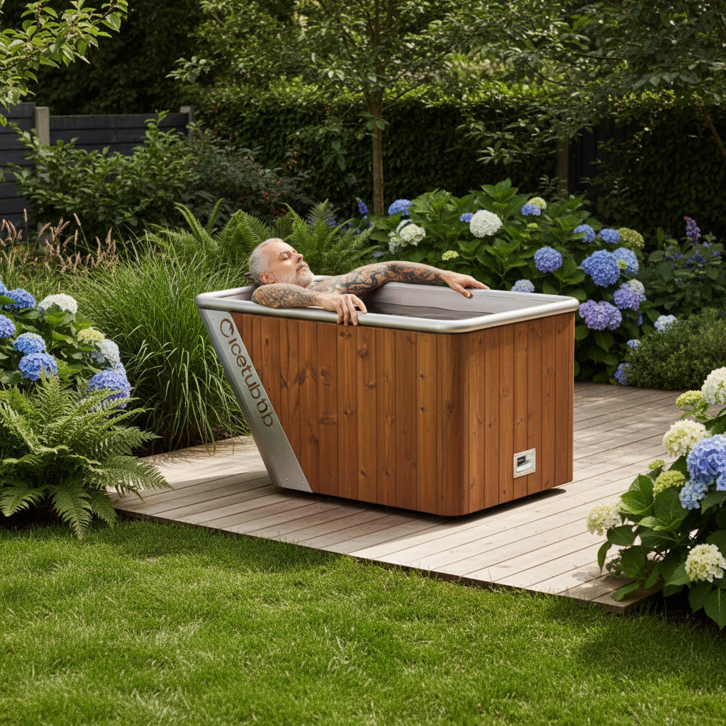 Man relaxing in the Icetubs IceBath thermowood cold therapy bath in a luxury outdoor wellness setting.