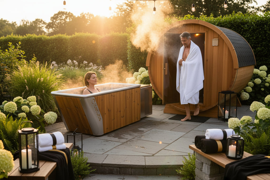 Icetubs IceBath cold therapy bath paired with an outdoor sauna in a luxury home wellness retreat setting.