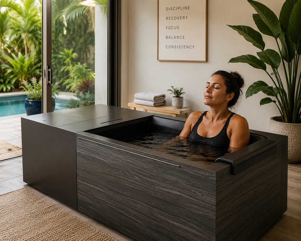 Woman using the Kohler x Remedy Place Ice Bath in a luxury Florida home wellness room with tropical outdoor views