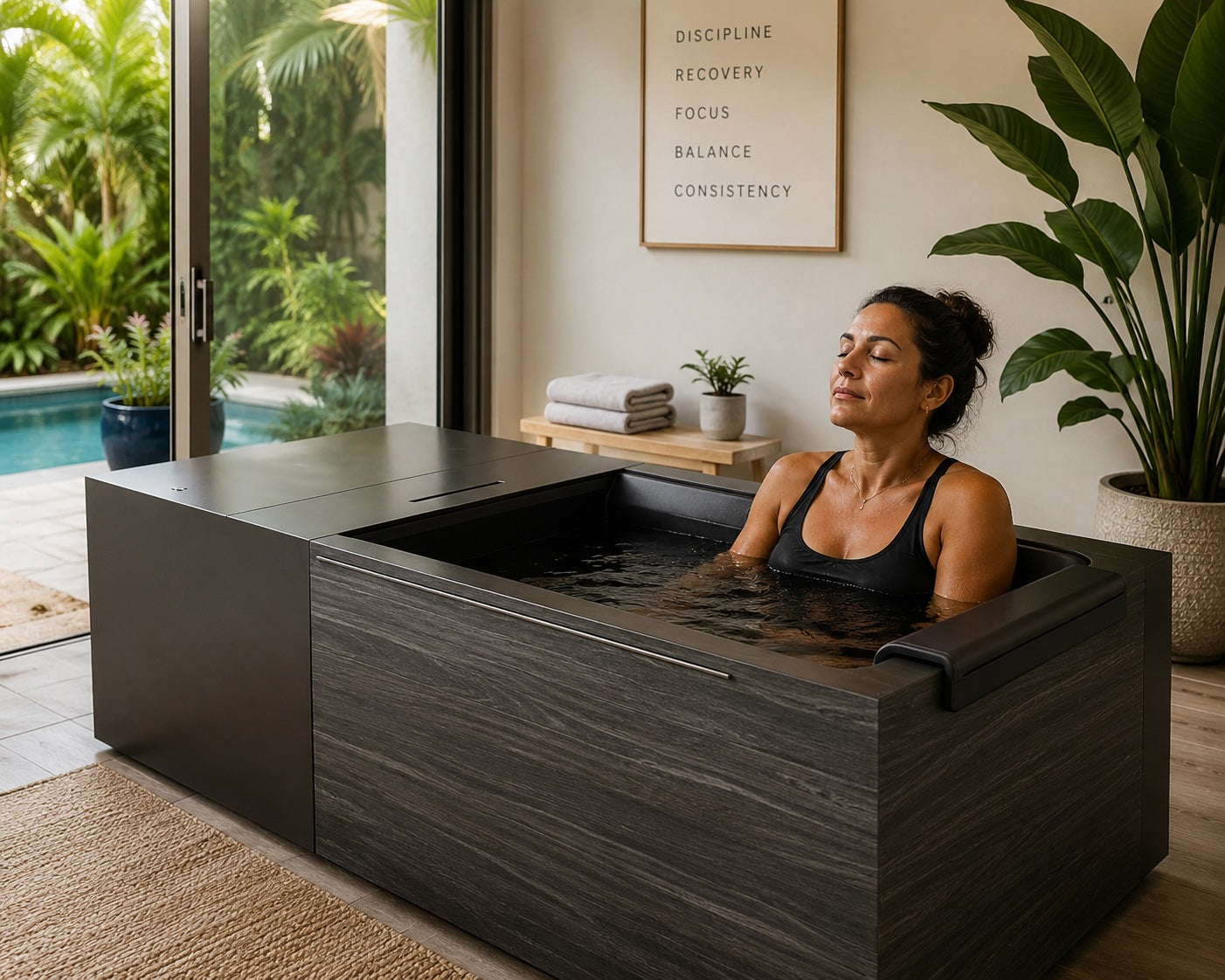Woman using the Kohler x Remedy Place Ice Bath in a luxury Florida home wellness room with tropical outdoor views
