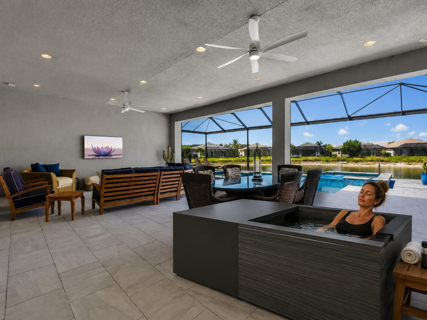 Kohler x Remedy Place Ice Bath on a luxury Florida lanai with pool views and a homeowner enjoying a cold plunge session